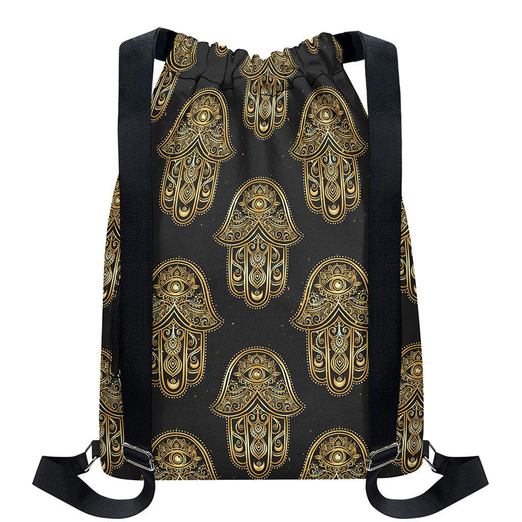 Gold Hamsa Pattern Print Drawstring Backpack