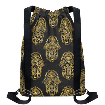 Gold Hamsa Pattern Print Drawstring Backpack