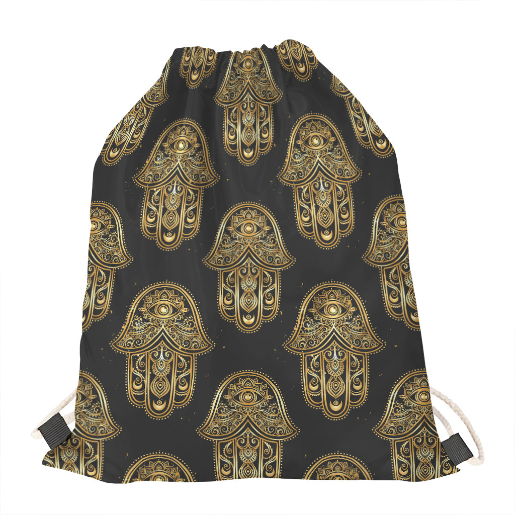 Gold Hamsa Pattern Print Drawstring Bag