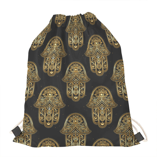 Gold Hamsa Pattern Print Drawstring Bag