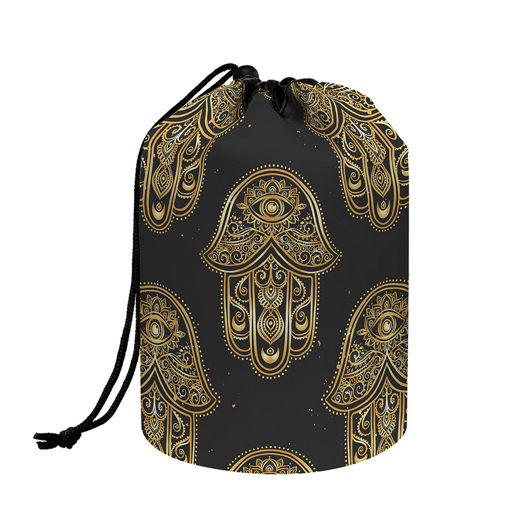 Gold Hamsa Pattern Print Drawstring Makeup Bag