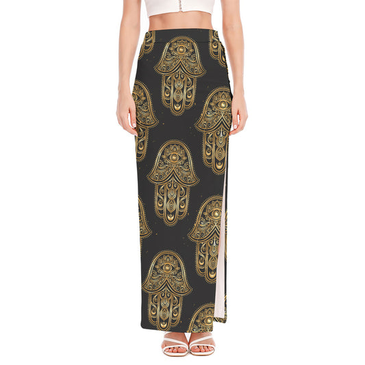 Gold Hamsa Pattern Print High Slit Maxi Skirt