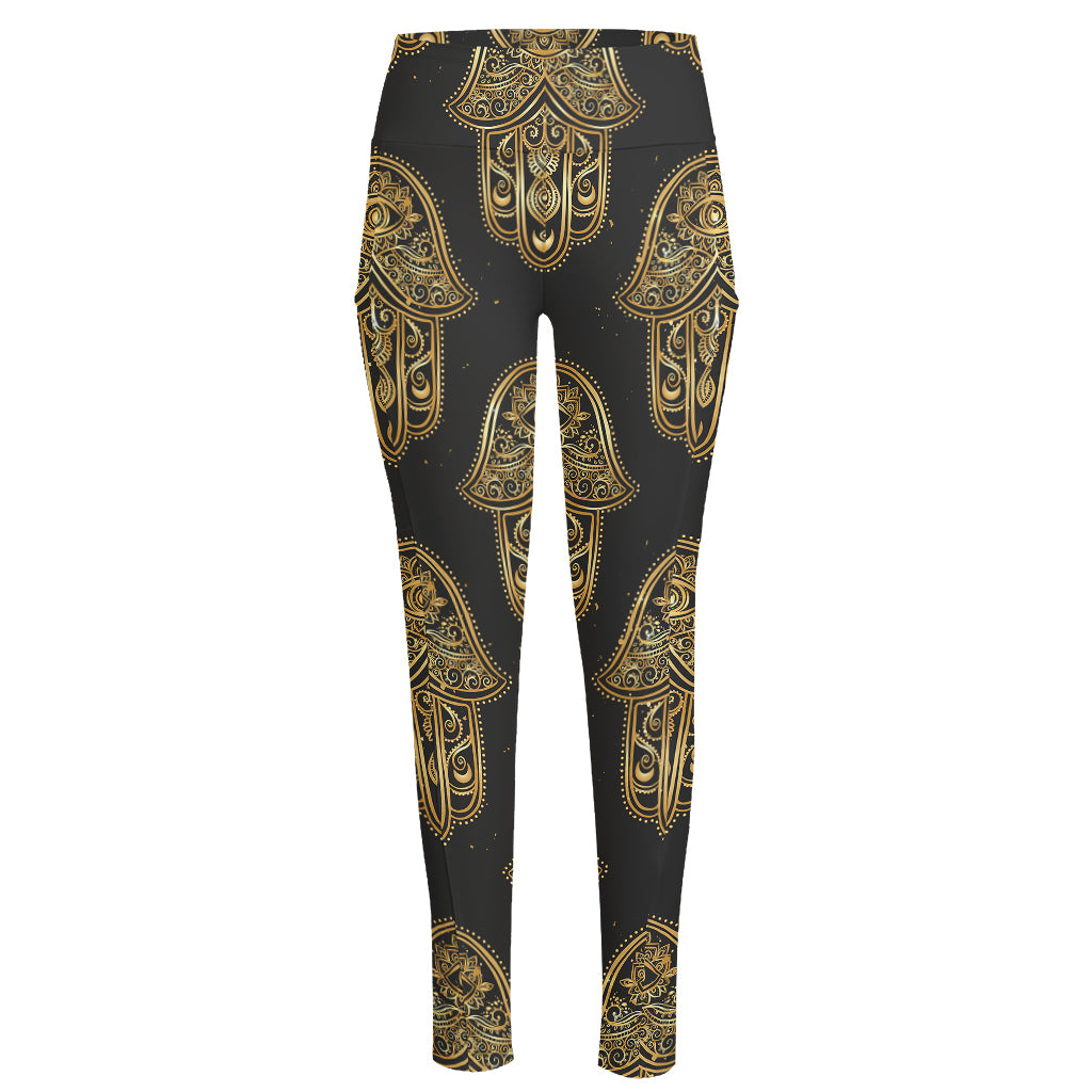 Gold Hamsa Pattern Print High-Waisted Pocket Leggings