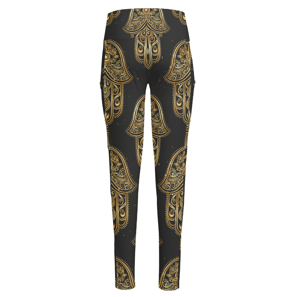 Gold Hamsa Pattern Print High-Waisted Pocket Leggings