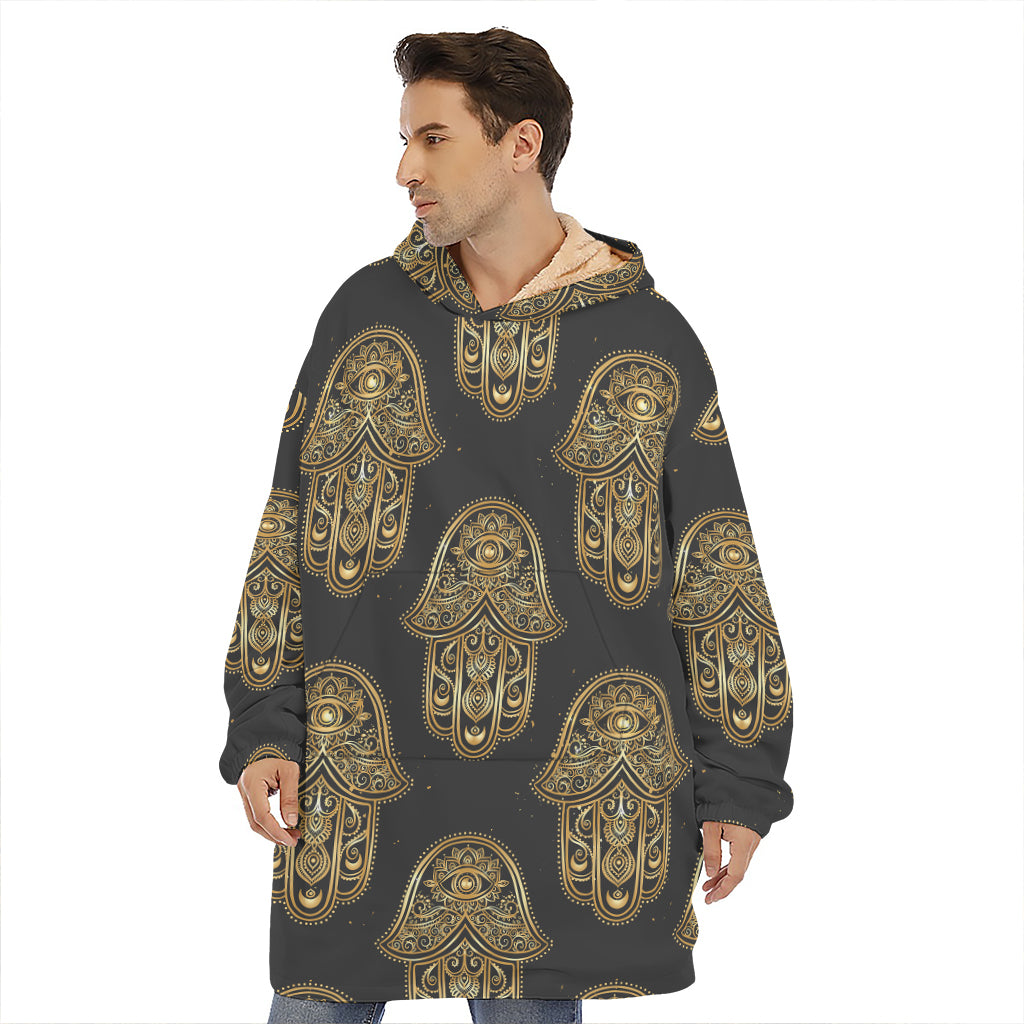 Gold Hamsa Pattern Print Hoodie Blanket