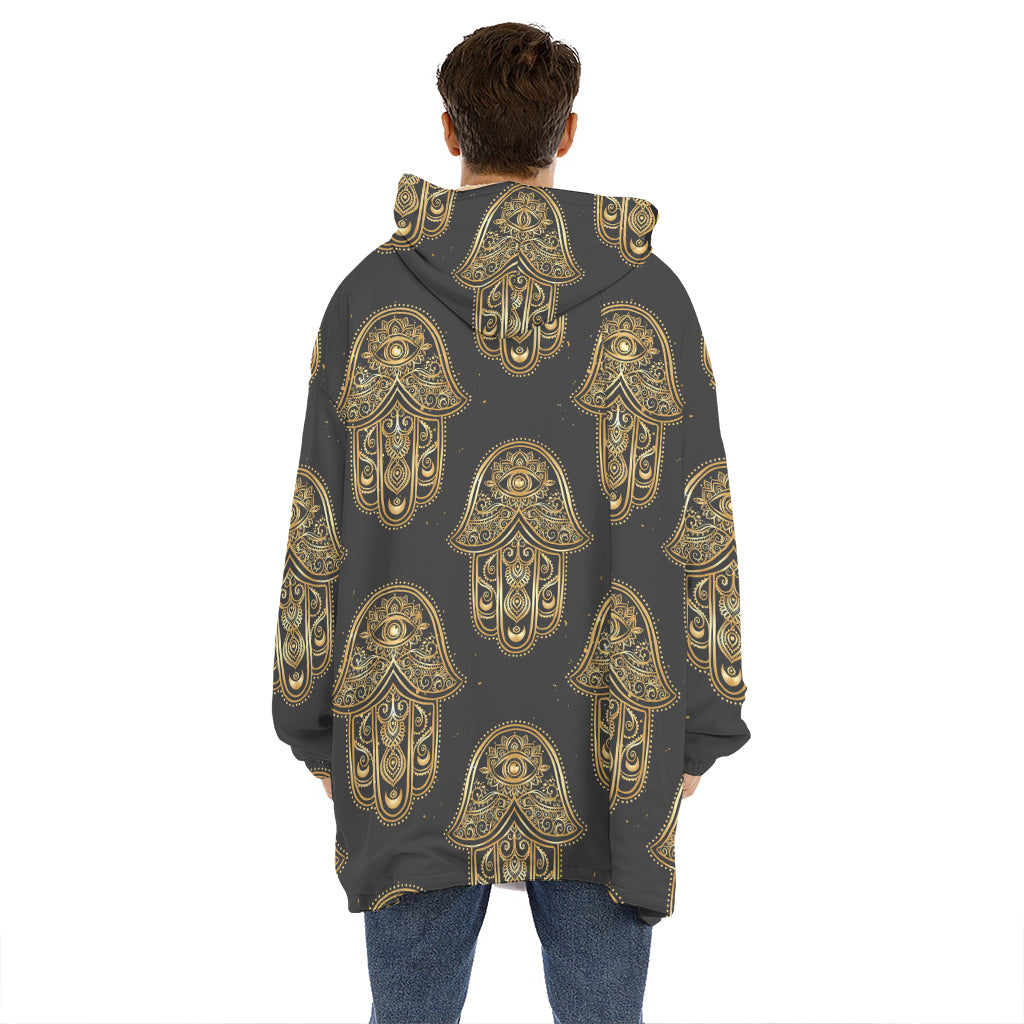 Gold Hamsa Pattern Print Hoodie Blanket