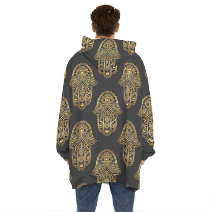 Gold Hamsa Pattern Print Hoodie Blanket