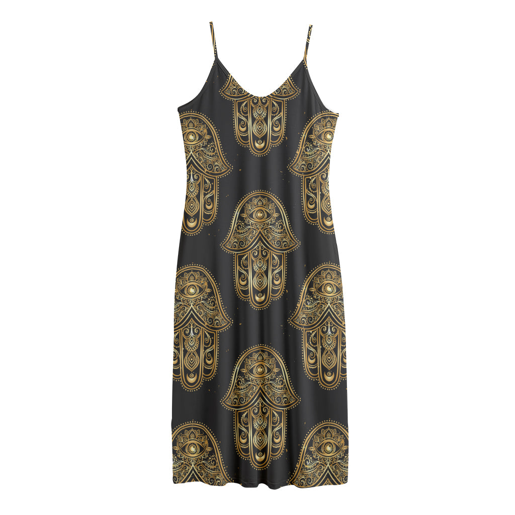Gold Hamsa Pattern Print Jersey Midi Cami Dress