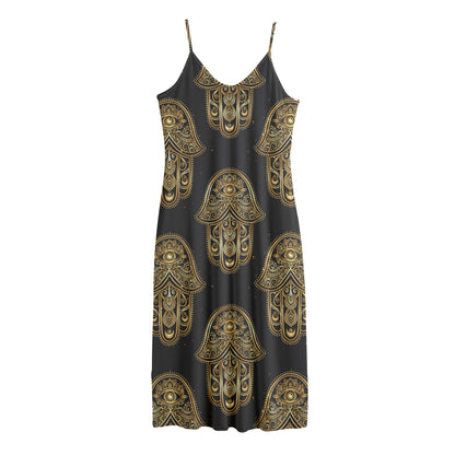 Gold Hamsa Pattern Print Jersey Midi Cami Dress