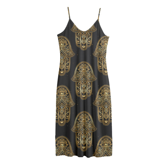 Gold Hamsa Pattern Print Jersey Midi Cami Dress