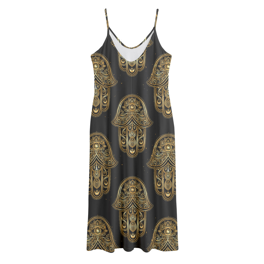 Gold Hamsa Pattern Print Jersey Midi Cami Dress
