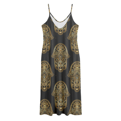 Gold Hamsa Pattern Print Jersey Midi Cami Dress