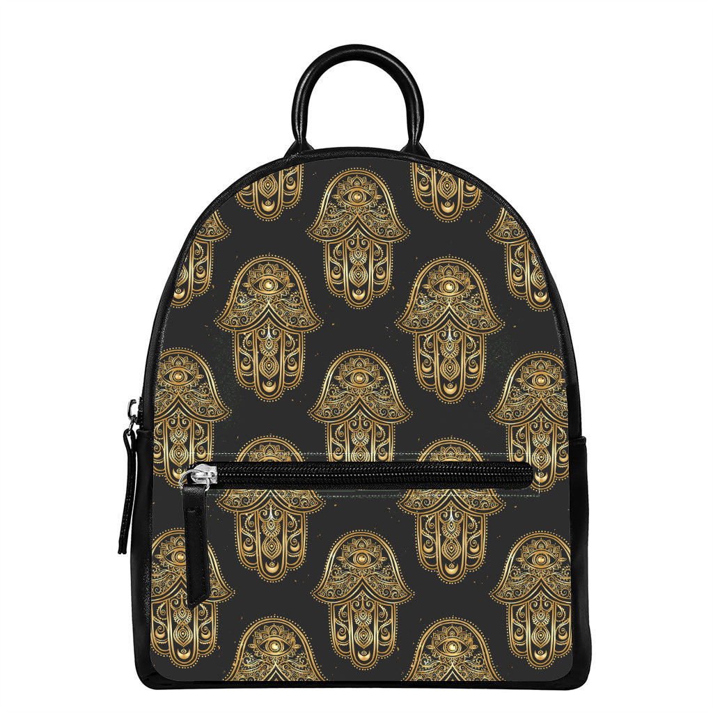 Gold Hamsa Pattern Print Leather Backpack