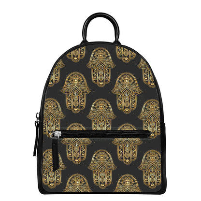 Gold Hamsa Pattern Print Leather Backpack