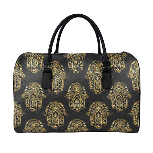 Gold Hamsa Pattern Print Leather Duffle Bag