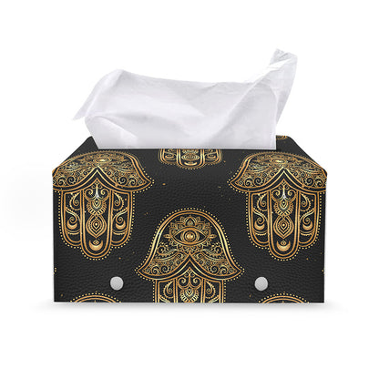 Gold Hamsa Pattern Print Leather Tissue Box Cover