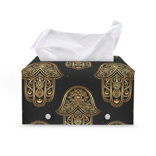 Gold Hamsa Pattern Print Leather Tissue Box Cover