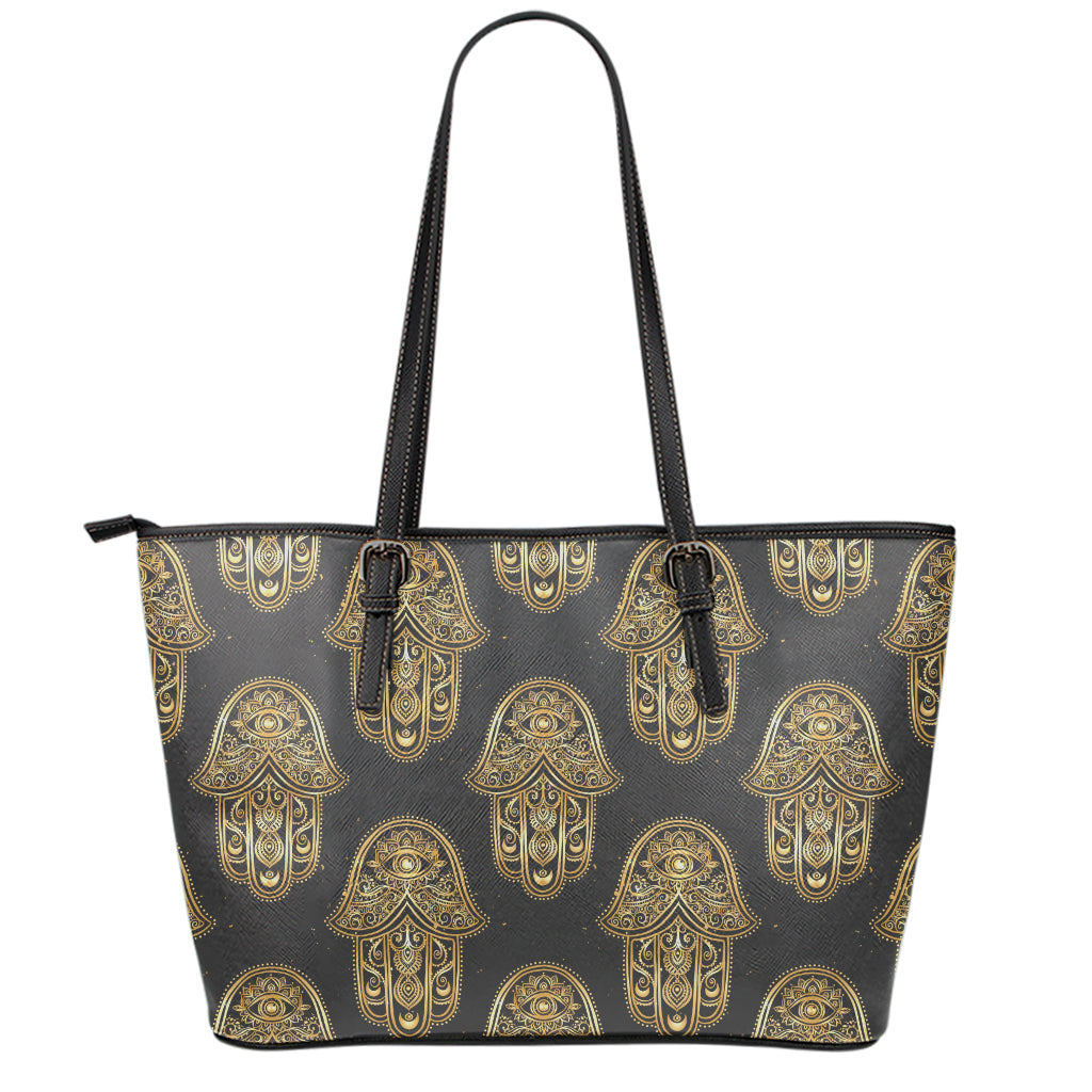 Gold Hamsa Pattern Print Leather Tote Bag