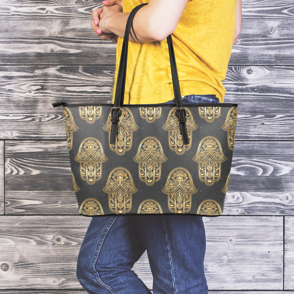 Gold Hamsa Pattern Print Leather Tote Bag