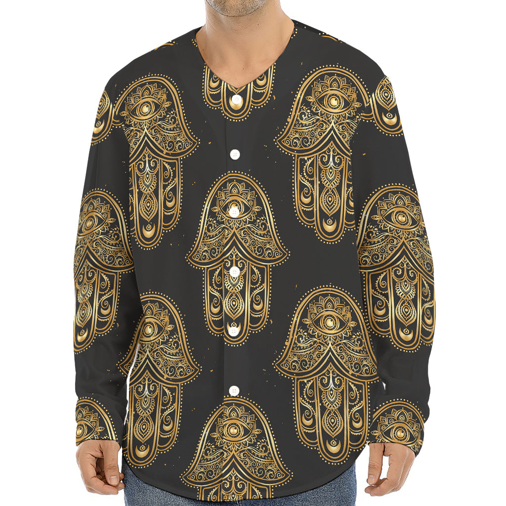 Gold Hamsa Pattern Print Long Sleeve Baseball Jersey