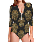 Gold Hamsa Pattern Print Long Sleeve Swimsuit