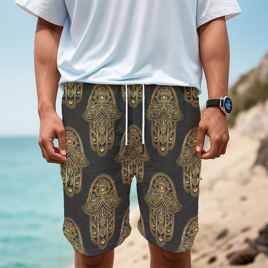 Gold Hamsa Pattern Print Men's Cargo Shorts