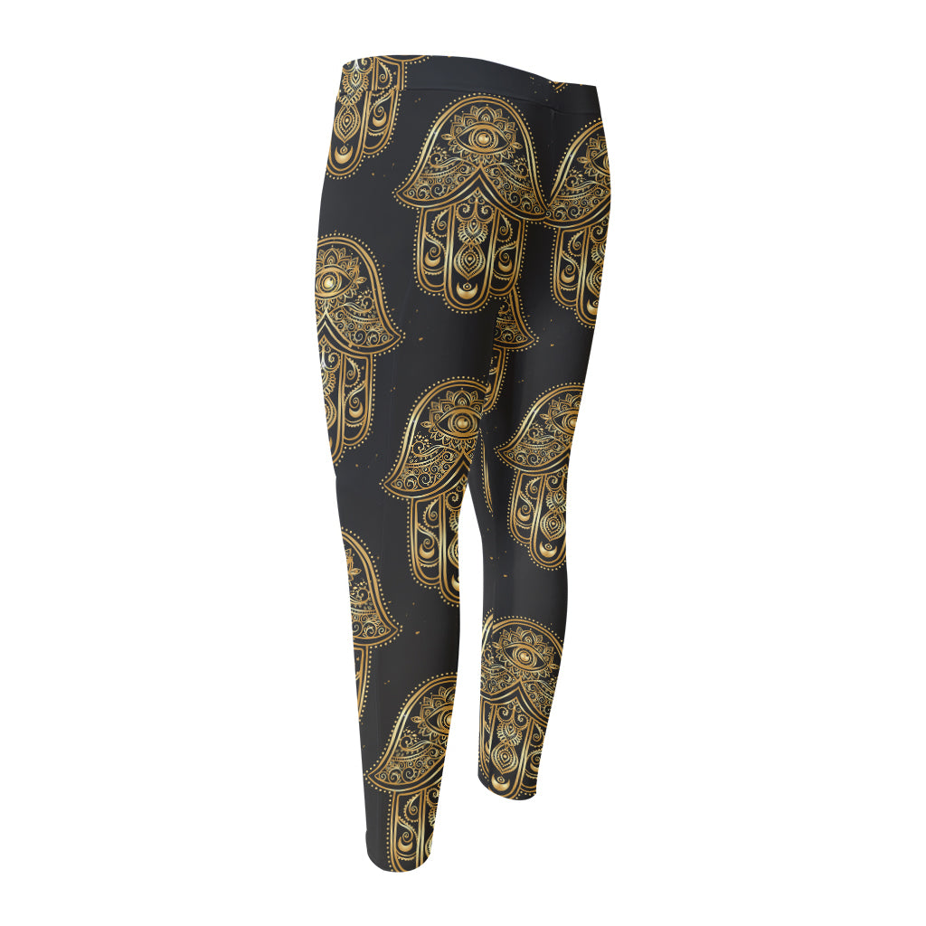 Gold Hamsa Pattern Print Men's Compression Pants