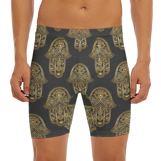 Gold Hamsa Pattern Print Men's Long Boxer Briefs