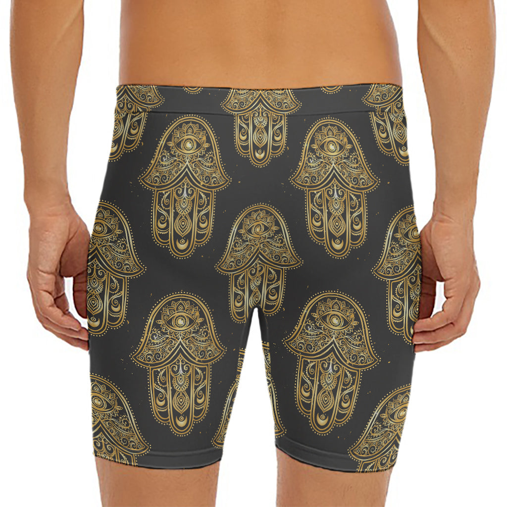 Gold Hamsa Pattern Print Men's Long Boxer Briefs