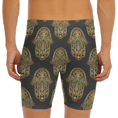 Gold Hamsa Pattern Print Men's Long Boxer Briefs