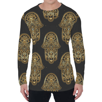 Gold Hamsa Pattern Print Men's Long Sleeve T-Shirt