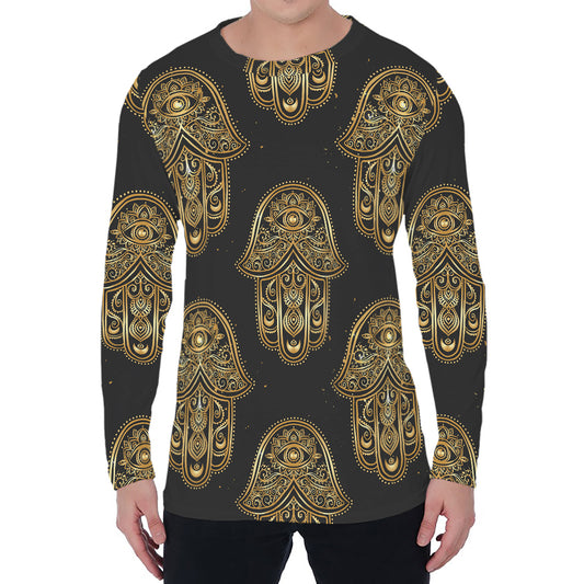Gold Hamsa Pattern Print Men's Long Sleeve T-Shirt