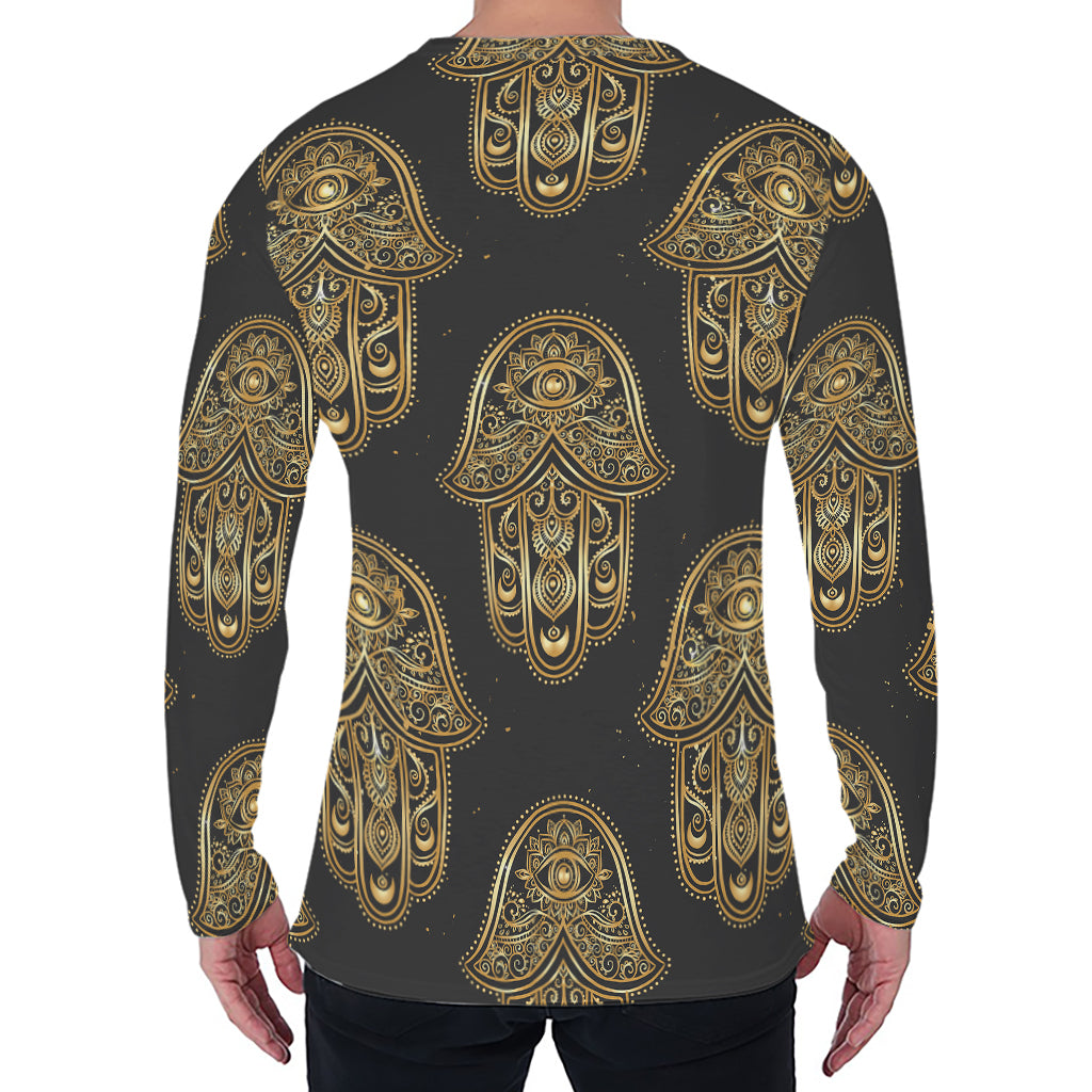 Gold Hamsa Pattern Print Men's Long Sleeve T-Shirt