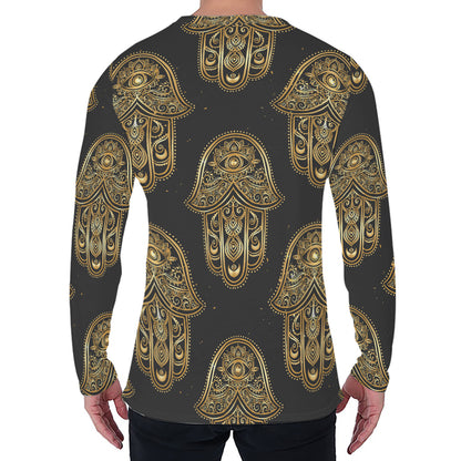 Gold Hamsa Pattern Print Men's Long Sleeve T-Shirt