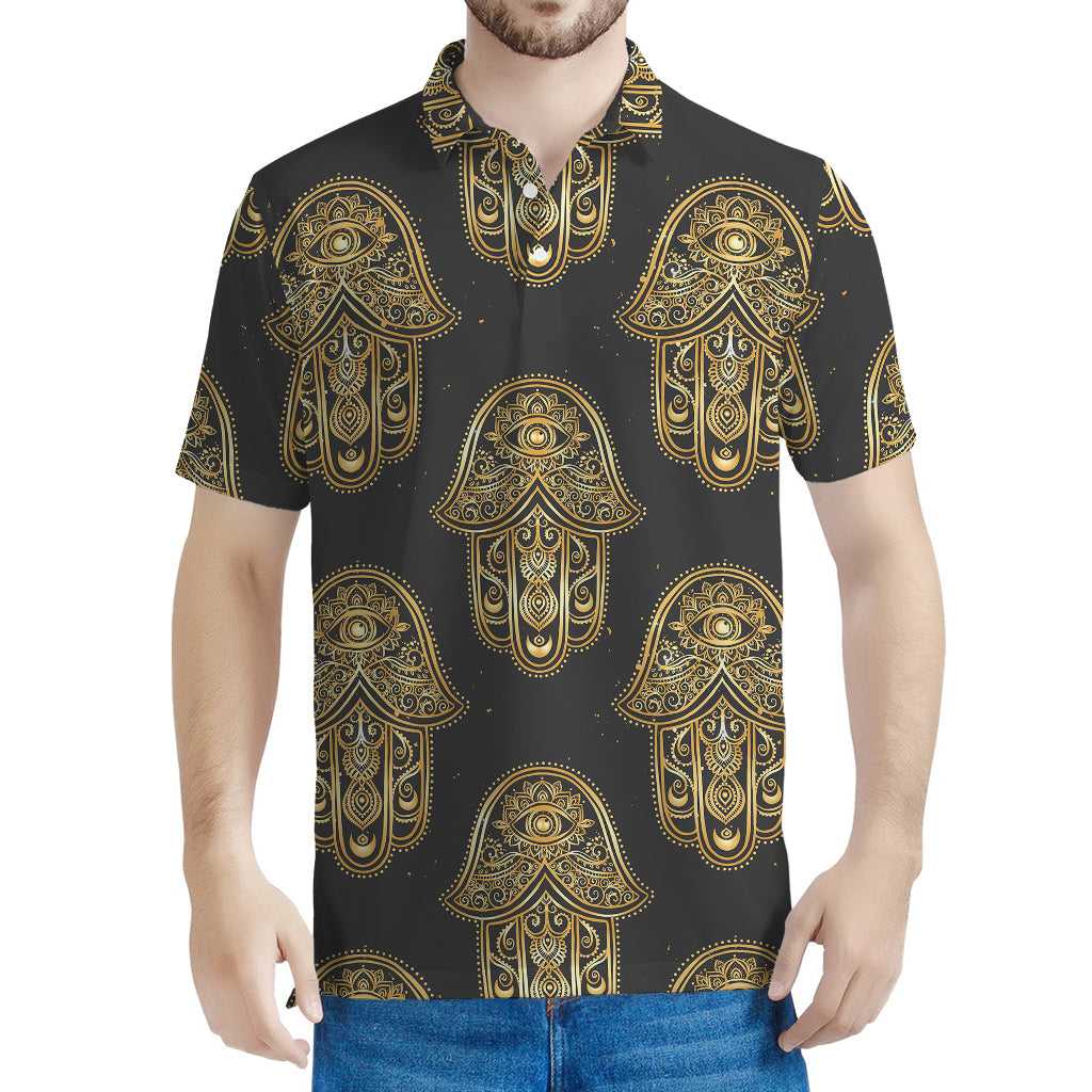 Gold Hamsa Pattern Print Men's Polo Shirt