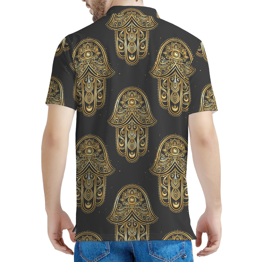 Gold Hamsa Pattern Print Men's Polo Shirt