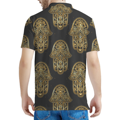 Gold Hamsa Pattern Print Men's Polo Shirt