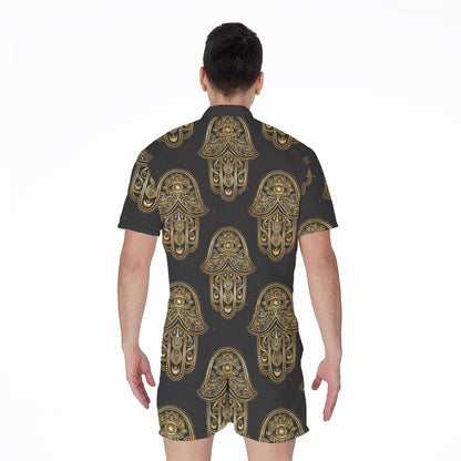 Gold Hamsa Pattern Print Men's Rompers