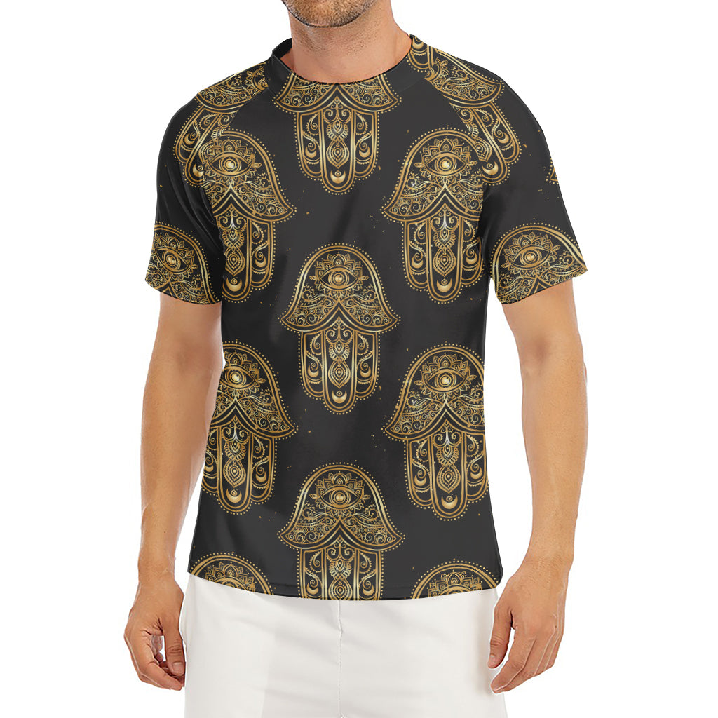 Gold Hamsa Pattern Print Men's Short Sleeve Rash Guard