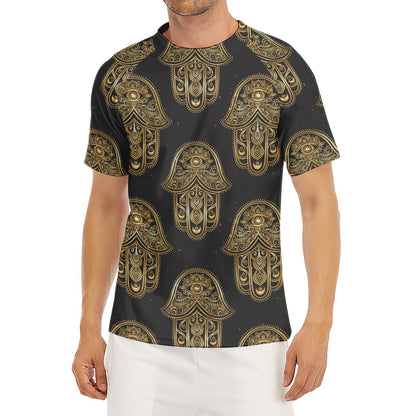 Gold Hamsa Pattern Print Men's Short Sleeve Rash Guard