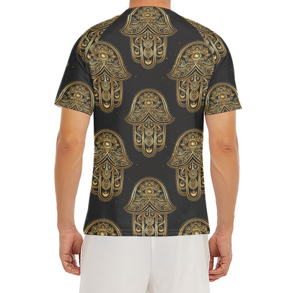 Gold Hamsa Pattern Print Men's Short Sleeve Rash Guard