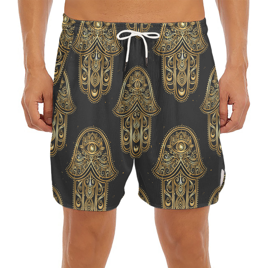Gold Hamsa Pattern Print Men's Split Running Shorts