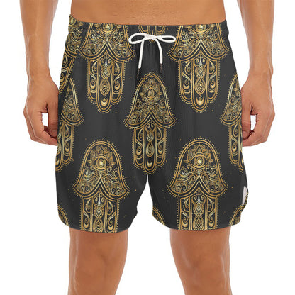 Gold Hamsa Pattern Print Men's Split Running Shorts
