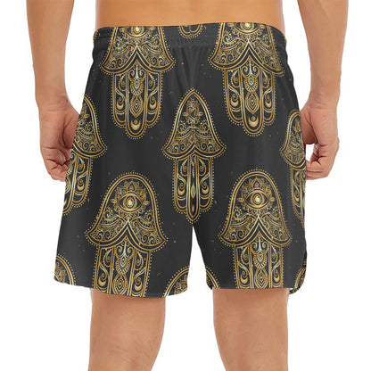 Gold Hamsa Pattern Print Men's Split Running Shorts