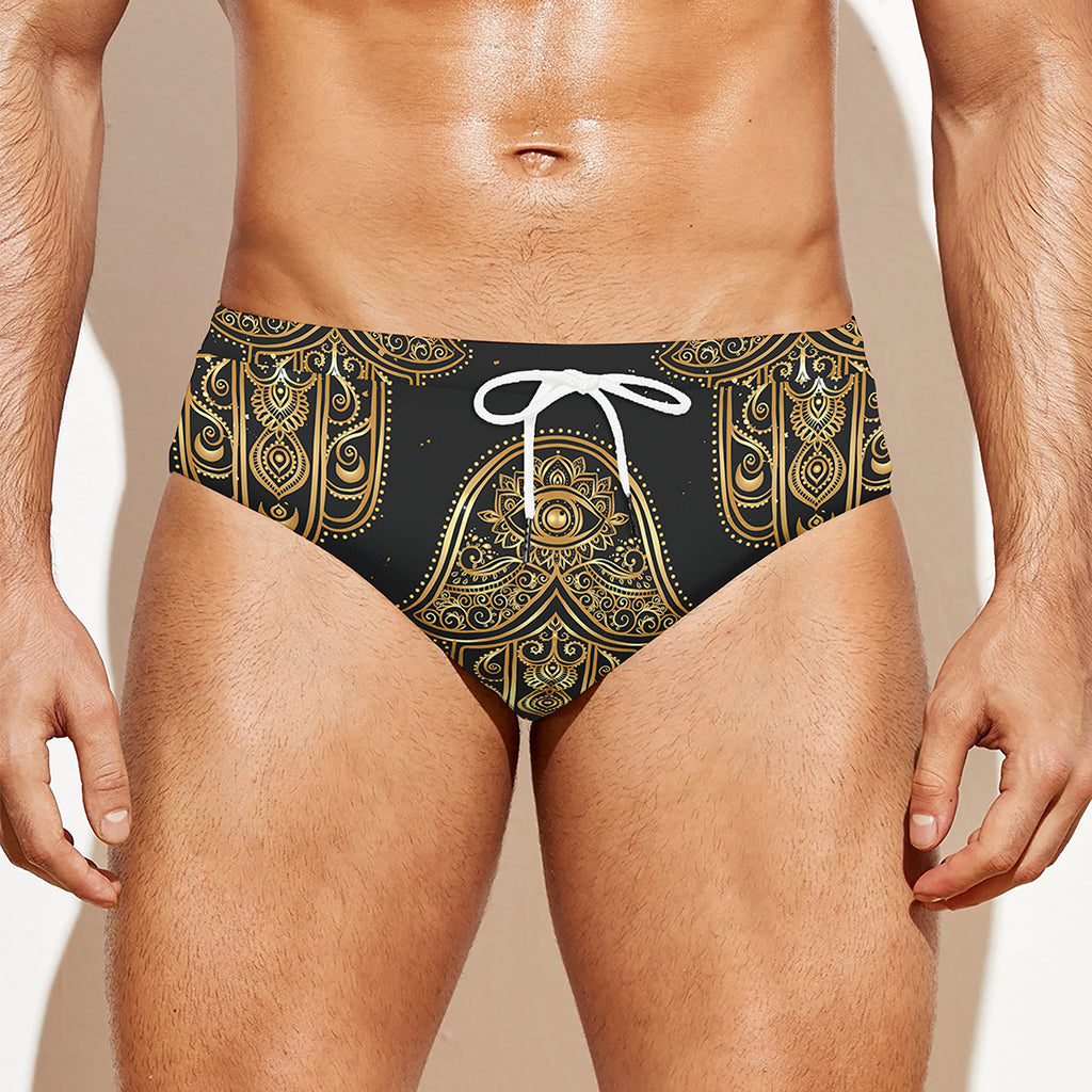 Gold Hamsa Pattern Print Men's Swim Briefs
