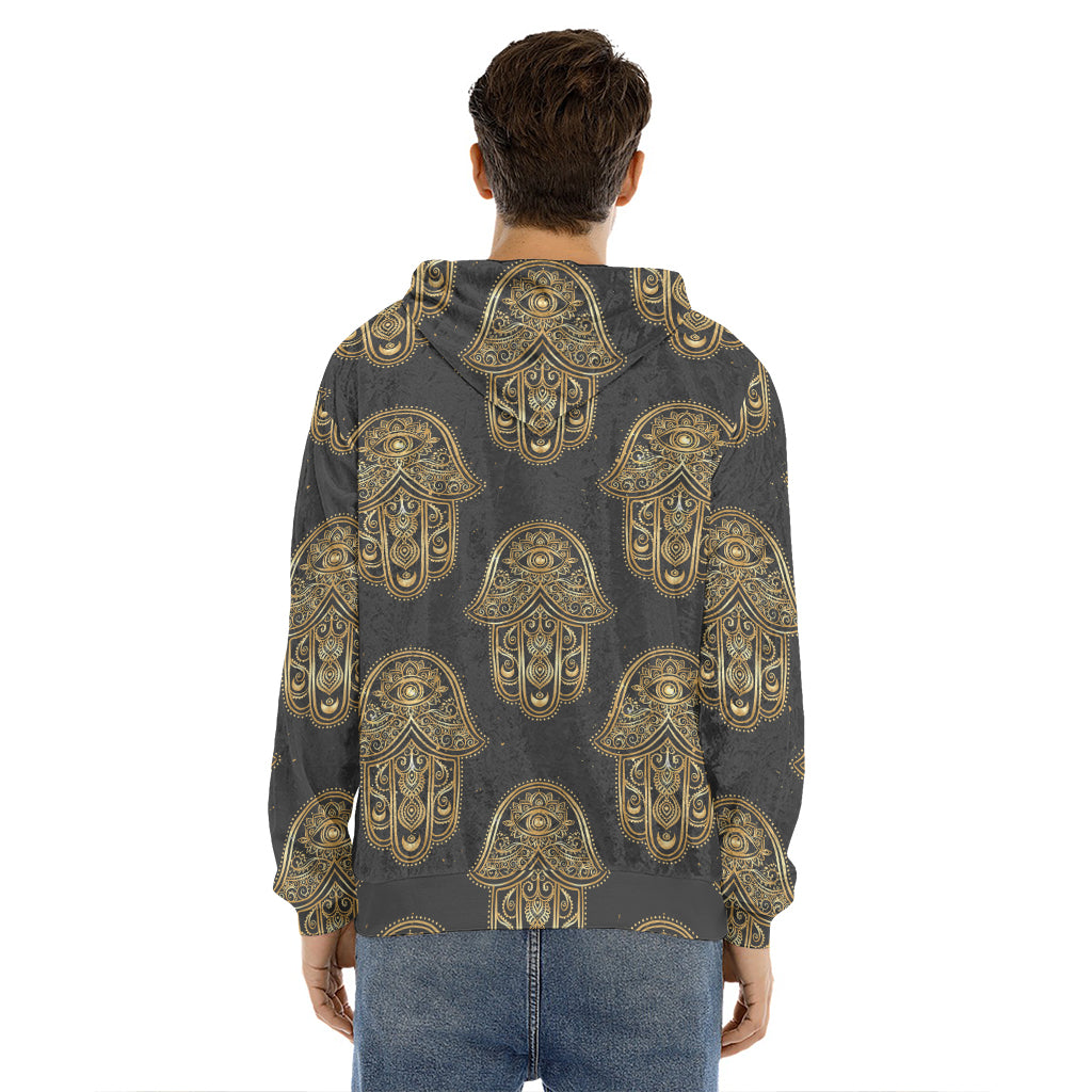 Gold Hamsa Pattern Print Men's Velvet Pullover Hoodie