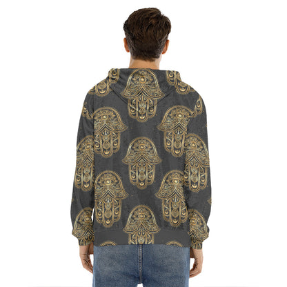 Gold Hamsa Pattern Print Men's Velvet Pullover Hoodie