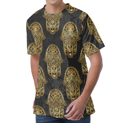 Gold Hamsa Pattern Print Men's Velvet T-Shirt