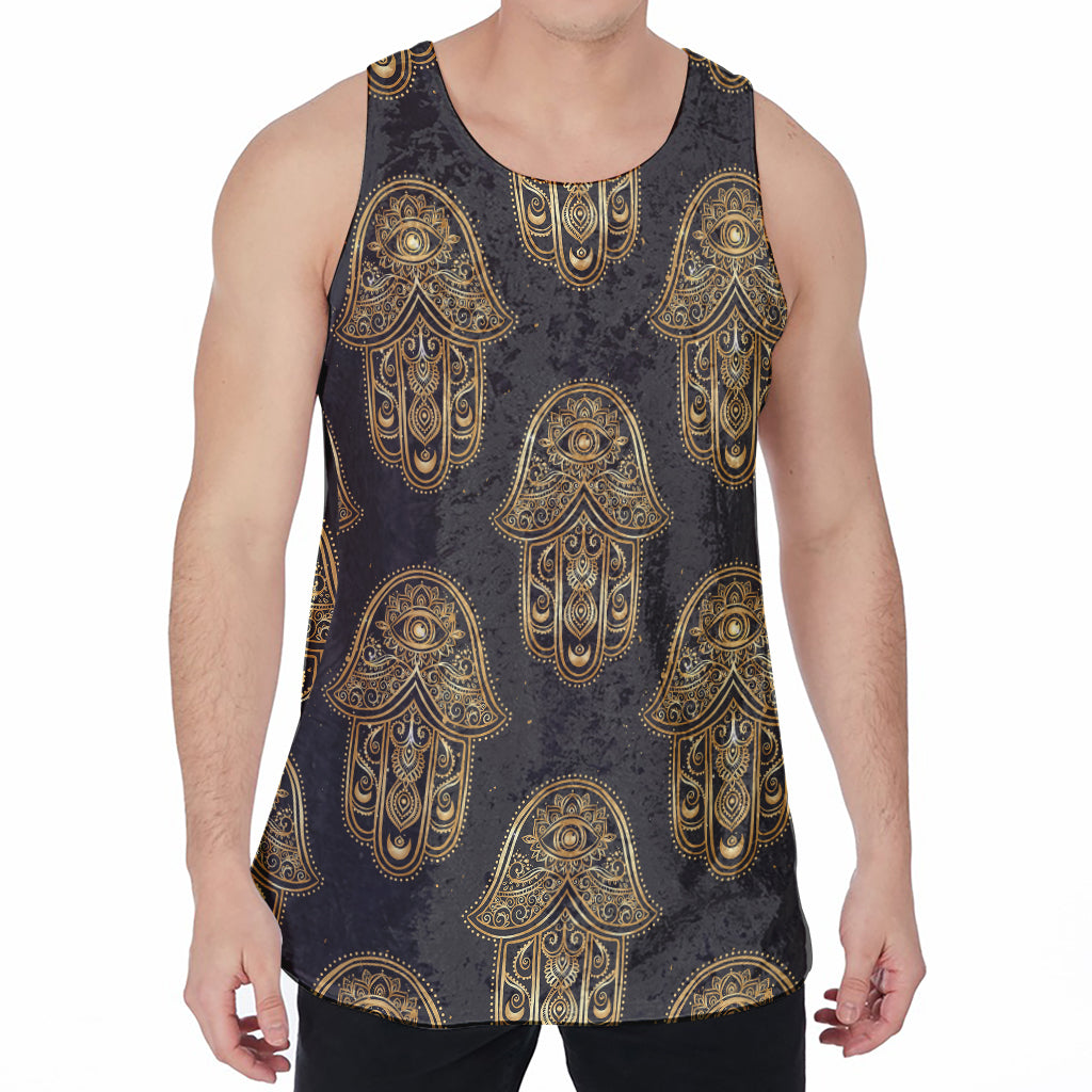 Gold Hamsa Pattern Print Men's Velvet Tank Top