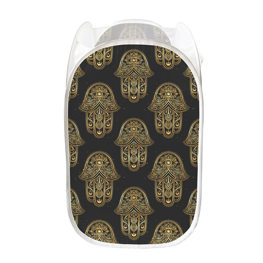 Gold Hamsa Pattern Print Mesh Laundry Hamper